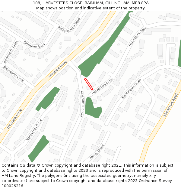 108, HARVESTERS CLOSE, RAINHAM, GILLINGHAM, ME8 8PA: Location map and indicative extent of plot