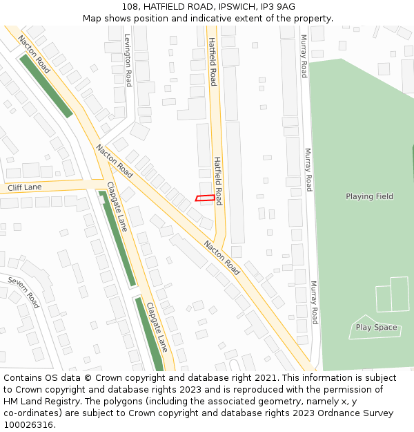108, HATFIELD ROAD, IPSWICH, IP3 9AG: Location map and indicative extent of plot