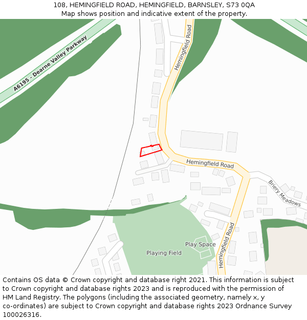 108, HEMINGFIELD ROAD, HEMINGFIELD, BARNSLEY, S73 0QA: Location map and indicative extent of plot