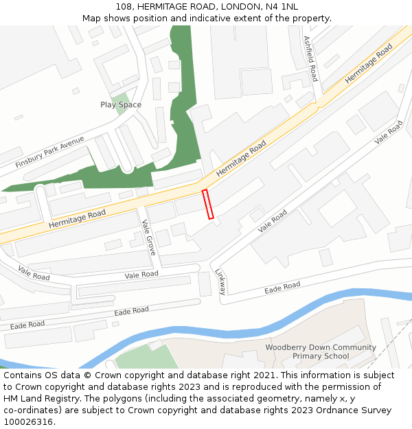108, HERMITAGE ROAD, LONDON, N4 1NL: Location map and indicative extent of plot
