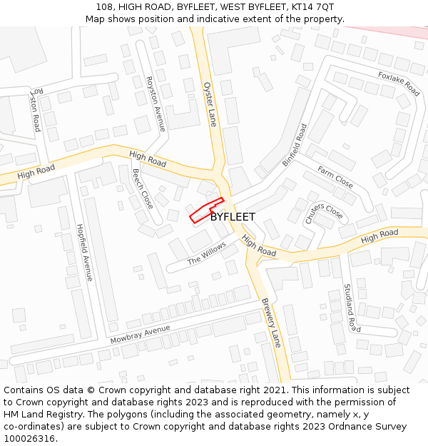 108, HIGH ROAD, BYFLEET, WEST BYFLEET, KT14 7QT: Location map and indicative extent of plot