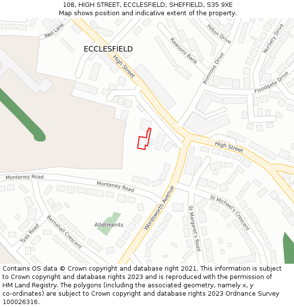 108, HIGH STREET, ECCLESFIELD, SHEFFIELD, S35 9XE: Location map and indicative extent of plot