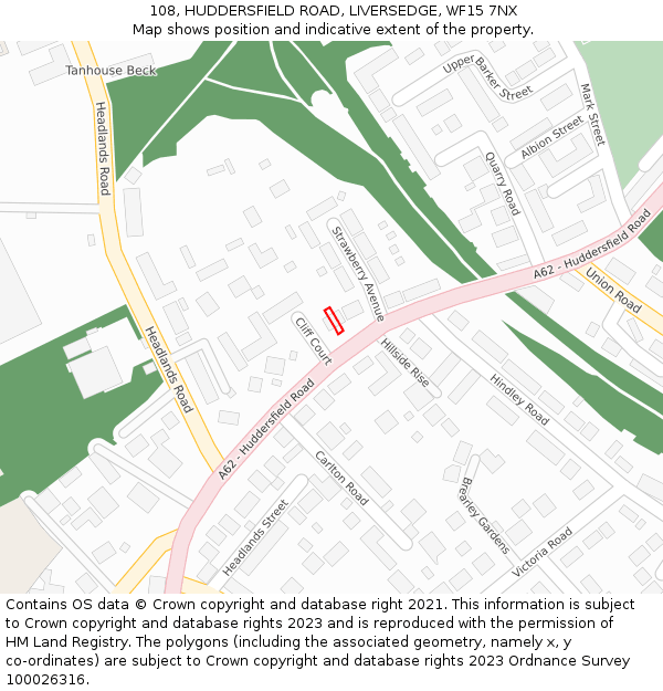 108, HUDDERSFIELD ROAD, LIVERSEDGE, WF15 7NX: Location map and indicative extent of plot