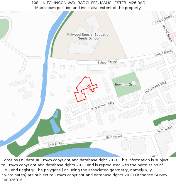 108, HUTCHINSON WAY, RADCLIFFE, MANCHESTER, M26 3AD: Location map and indicative extent of plot