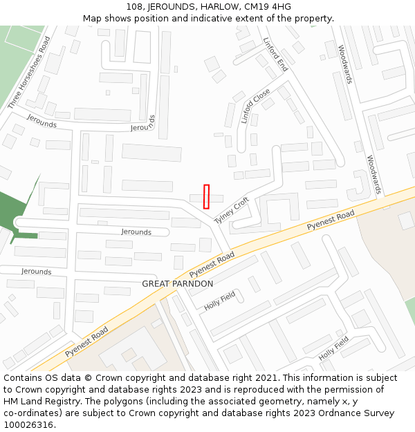 108, JEROUNDS, HARLOW, CM19 4HG: Location map and indicative extent of plot