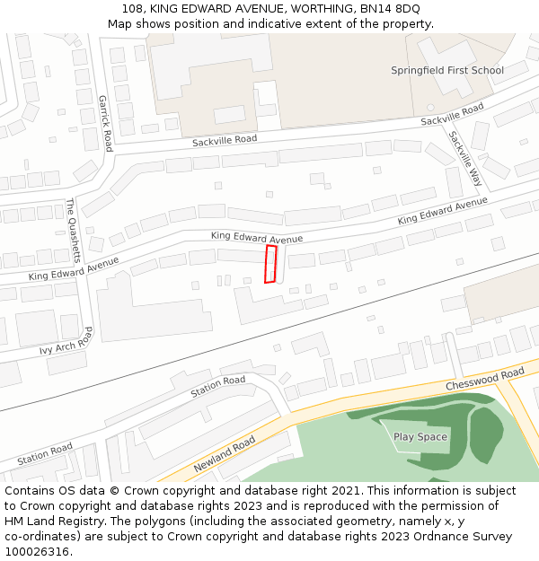 108, KING EDWARD AVENUE, WORTHING, BN14 8DQ: Location map and indicative extent of plot