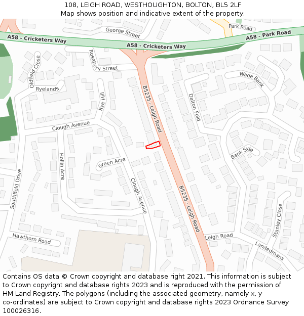 108, LEIGH ROAD, WESTHOUGHTON, BOLTON, BL5 2LF: Location map and indicative extent of plot