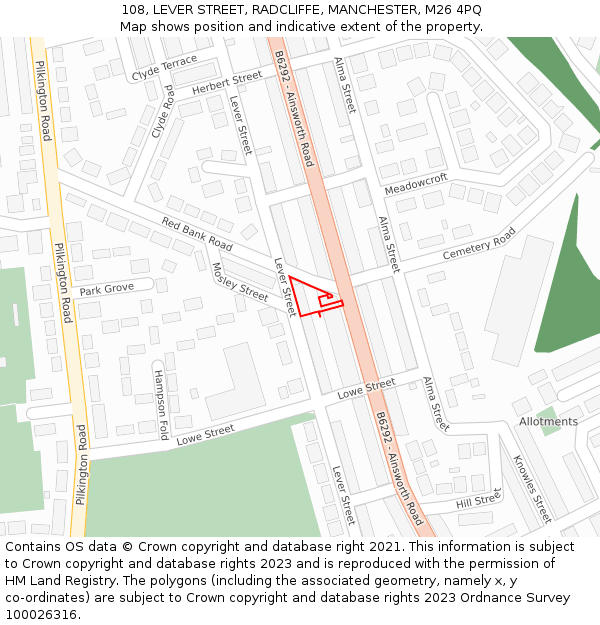 108, LEVER STREET, RADCLIFFE, MANCHESTER, M26 4PQ: Location map and indicative extent of plot