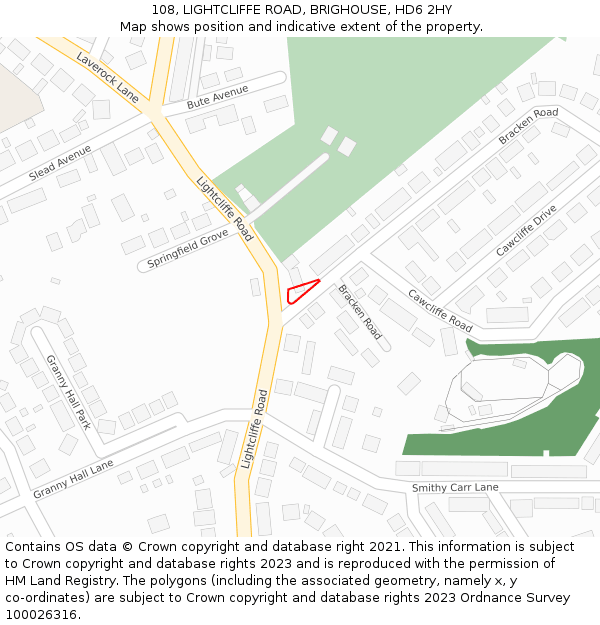 108, LIGHTCLIFFE ROAD, BRIGHOUSE, HD6 2HY: Location map and indicative extent of plot