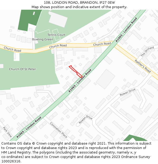 108, LONDON ROAD, BRANDON, IP27 0EW: Location map and indicative extent of plot