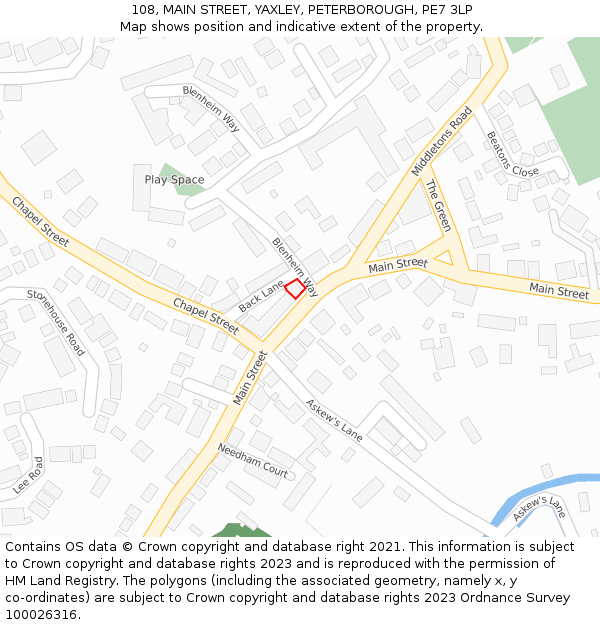 108, MAIN STREET, YAXLEY, PETERBOROUGH, PE7 3LP: Location map and indicative extent of plot