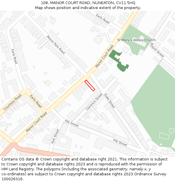 108, MANOR COURT ROAD, NUNEATON, CV11 5HQ: Location map and indicative extent of plot
