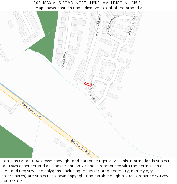 108, MAXIMUS ROAD, NORTH HYKEHAM, LINCOLN, LN6 8JU: Location map and indicative extent of plot