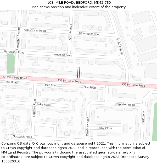 108, MILE ROAD, BEDFORD, MK42 9TD: Location map and indicative extent of plot