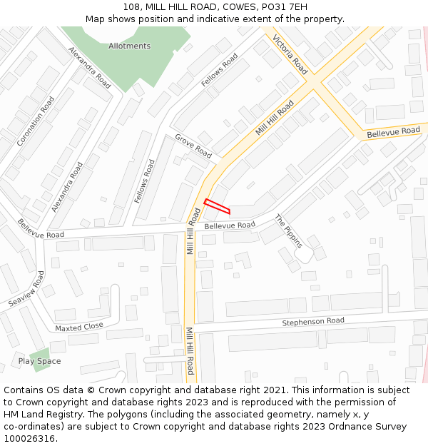108, MILL HILL ROAD, COWES, PO31 7EH: Location map and indicative extent of plot