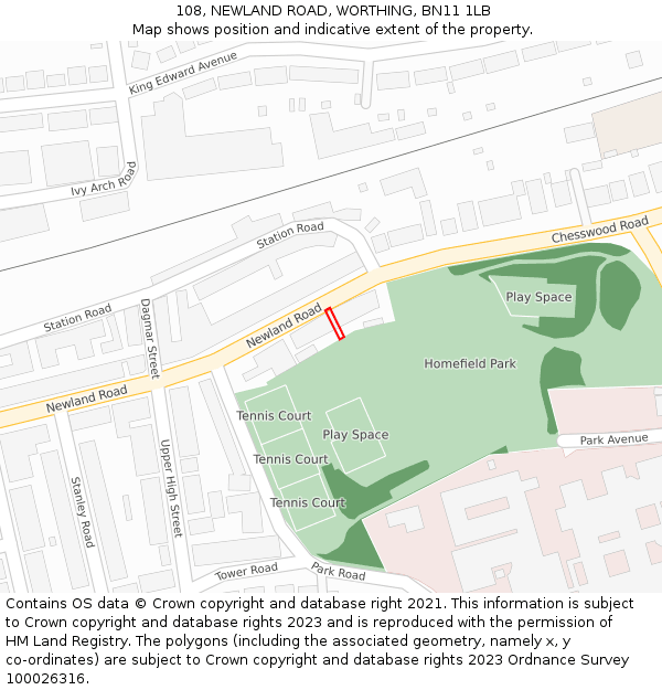 108, NEWLAND ROAD, WORTHING, BN11 1LB: Location map and indicative extent of plot