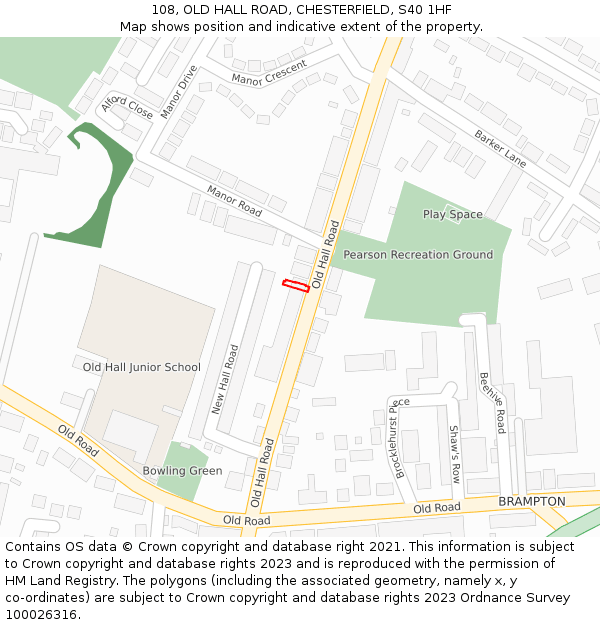 108, OLD HALL ROAD, CHESTERFIELD, S40 1HF: Location map and indicative extent of plot
