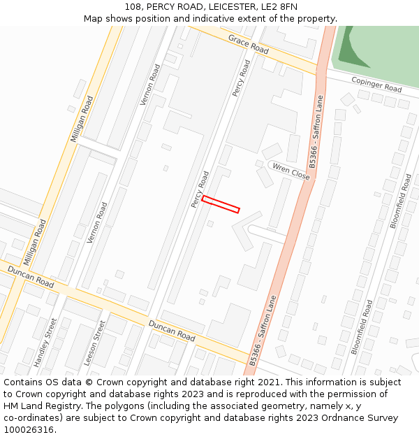 108, PERCY ROAD, LEICESTER, LE2 8FN: Location map and indicative extent of plot