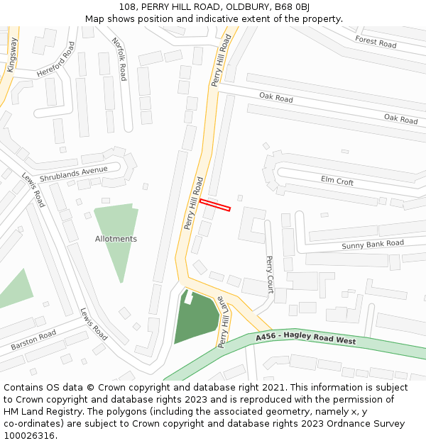 108, PERRY HILL ROAD, OLDBURY, B68 0BJ: Location map and indicative extent of plot