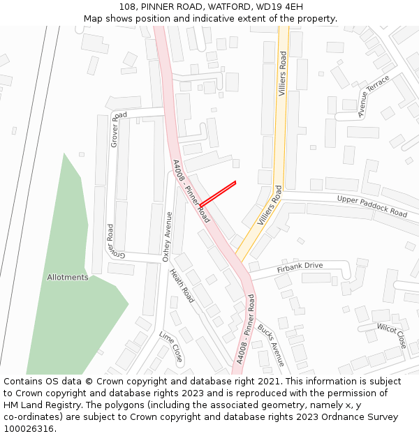108, PINNER ROAD, WATFORD, WD19 4EH: Location map and indicative extent of plot