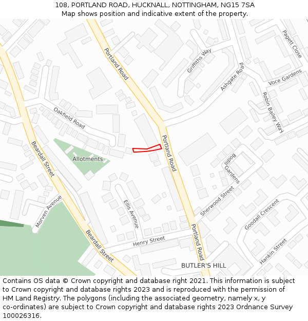 108, PORTLAND ROAD, HUCKNALL, NOTTINGHAM, NG15 7SA: Location map and indicative extent of plot