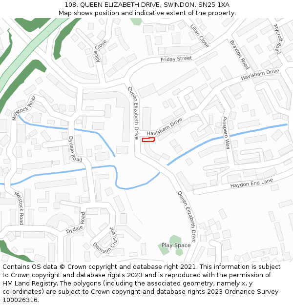 108, QUEEN ELIZABETH DRIVE, SWINDON, SN25 1XA: Location map and indicative extent of plot