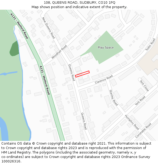108, QUEENS ROAD, SUDBURY, CO10 1PQ: Location map and indicative extent of plot