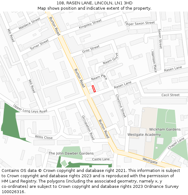 108, RASEN LANE, LINCOLN, LN1 3HD: Location map and indicative extent of plot