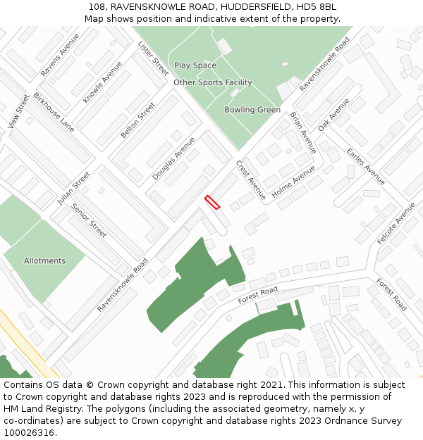 108, RAVENSKNOWLE ROAD, HUDDERSFIELD, HD5 8BL: Location map and indicative extent of plot