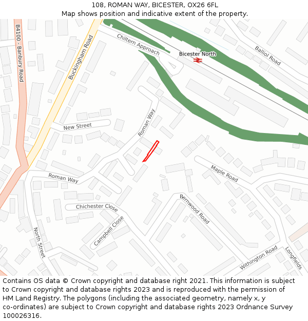 108, ROMAN WAY, BICESTER, OX26 6FL: Location map and indicative extent of plot