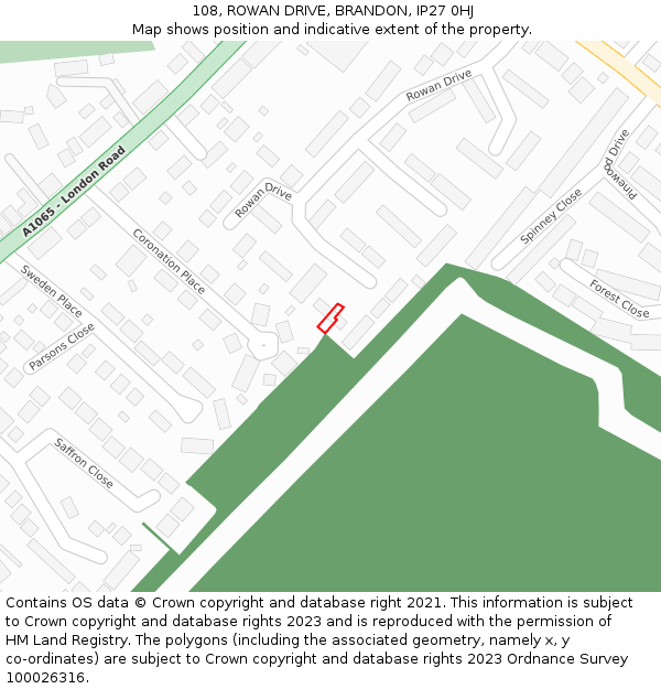 108, ROWAN DRIVE, BRANDON, IP27 0HJ: Location map and indicative extent of plot