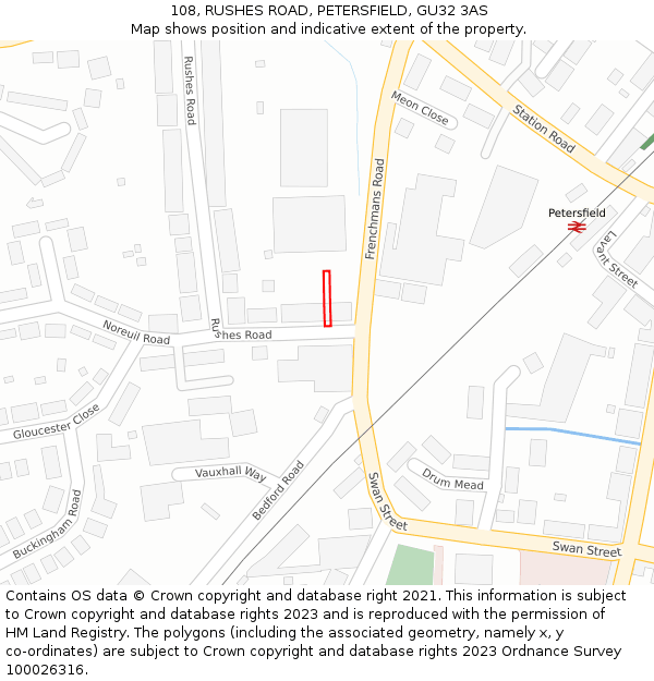 108, RUSHES ROAD, PETERSFIELD, GU32 3AS: Location map and indicative extent of plot