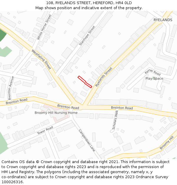 108, RYELANDS STREET, HEREFORD, HR4 0LD: Location map and indicative extent of plot