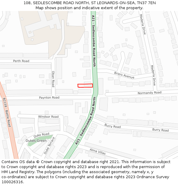 108, SEDLESCOMBE ROAD NORTH, ST LEONARDS-ON-SEA, TN37 7EN: Location map and indicative extent of plot
