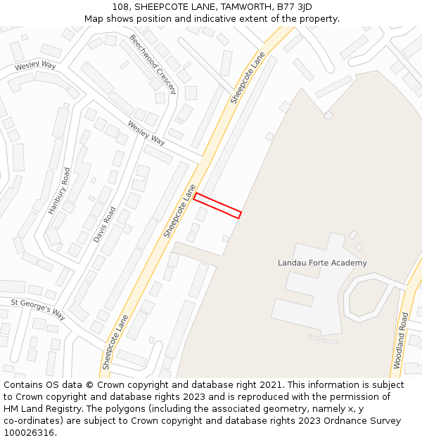 108, SHEEPCOTE LANE, TAMWORTH, B77 3JD: Location map and indicative extent of plot