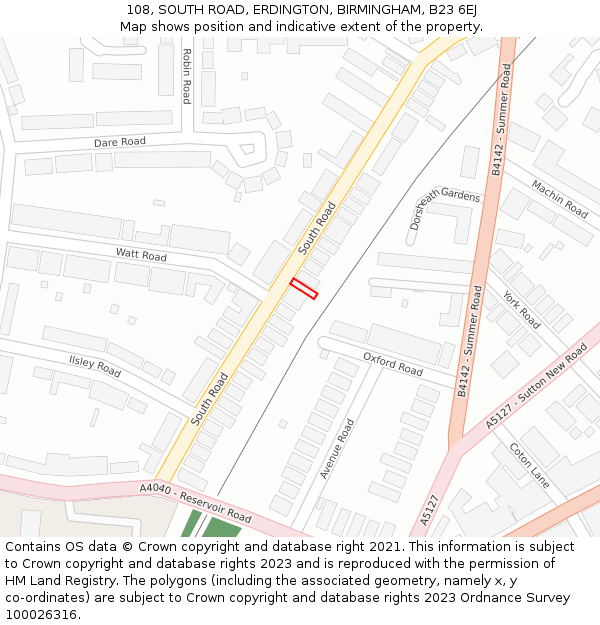 108, SOUTH ROAD, ERDINGTON, BIRMINGHAM, B23 6EJ: Location map and indicative extent of plot