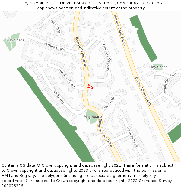 108, SUMMERS HILL DRIVE, PAPWORTH EVERARD, CAMBRIDGE, CB23 3AA: Location map and indicative extent of plot