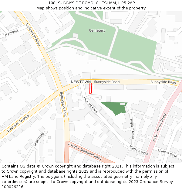 108, SUNNYSIDE ROAD, CHESHAM, HP5 2AP: Location map and indicative extent of plot