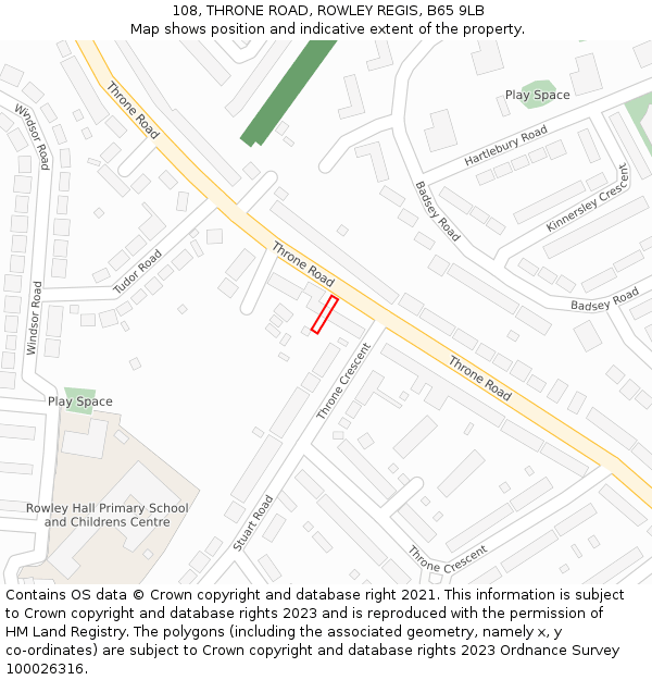 108, THRONE ROAD, ROWLEY REGIS, B65 9LB: Location map and indicative extent of plot
