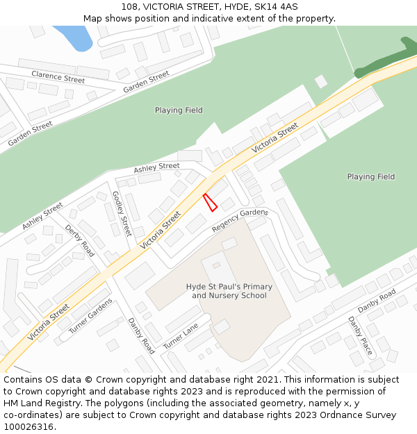 108, VICTORIA STREET, HYDE, SK14 4AS: Location map and indicative extent of plot