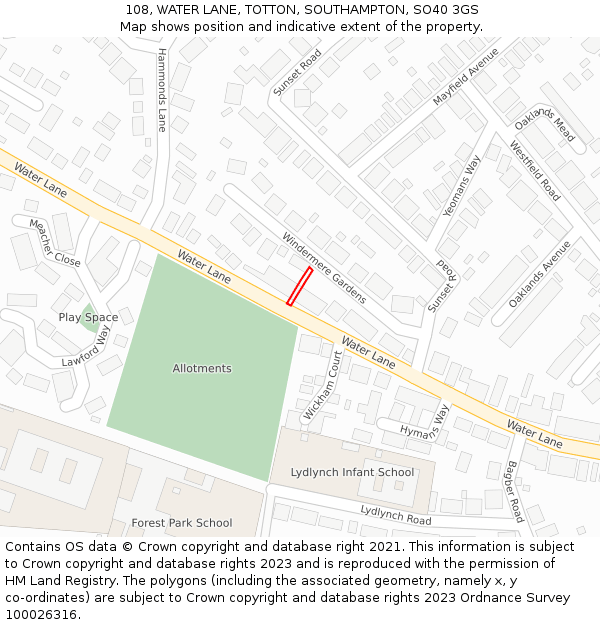 108, WATER LANE, TOTTON, SOUTHAMPTON, SO40 3GS: Location map and indicative extent of plot