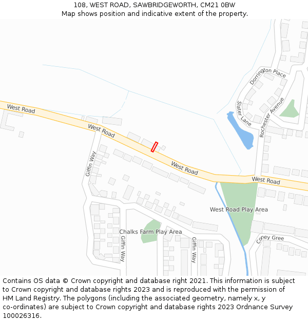 108, WEST ROAD, SAWBRIDGEWORTH, CM21 0BW: Location map and indicative extent of plot