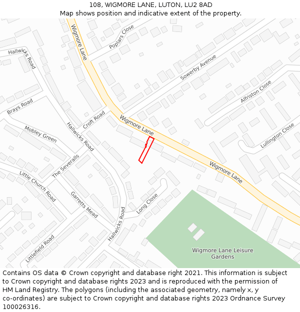 108, WIGMORE LANE, LUTON, LU2 8AD: Location map and indicative extent of plot