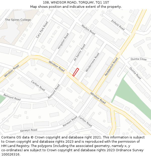 108, WINDSOR ROAD, TORQUAY, TQ1 1ST: Location map and indicative extent of plot