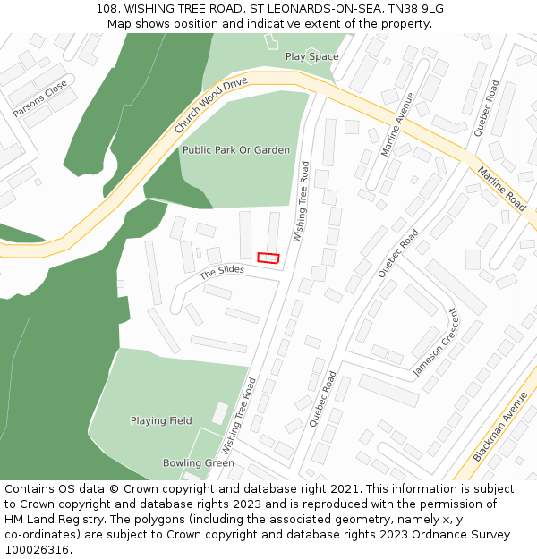 108, WISHING TREE ROAD, ST LEONARDS-ON-SEA, TN38 9LG: Location map and indicative extent of plot