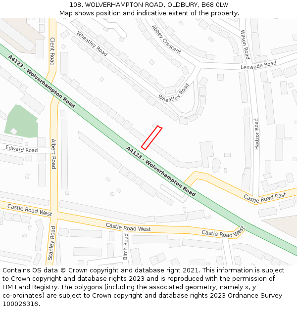 108, WOLVERHAMPTON ROAD, OLDBURY, B68 0LW: Location map and indicative extent of plot