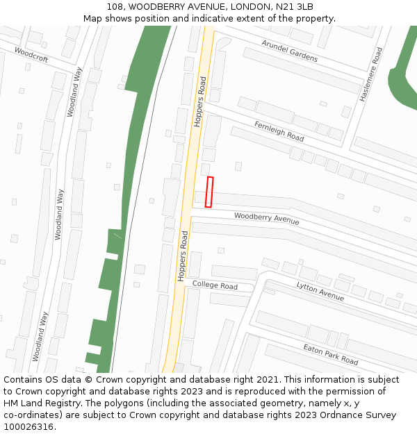 108, WOODBERRY AVENUE, LONDON, N21 3LB: Location map and indicative extent of plot