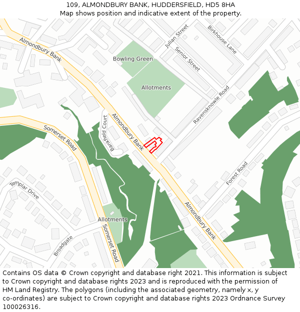 109, ALMONDBURY BANK, HUDDERSFIELD, HD5 8HA: Location map and indicative extent of plot