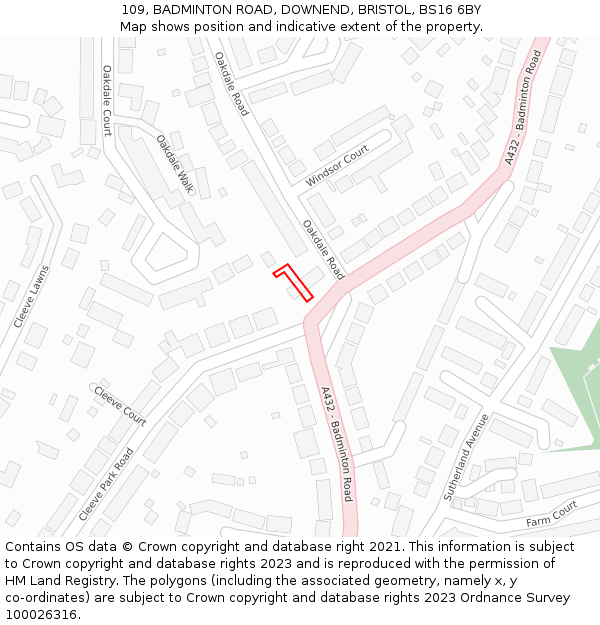 109, BADMINTON ROAD, DOWNEND, BRISTOL, BS16 6BY: Location map and indicative extent of plot