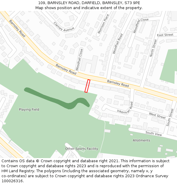 109, BARNSLEY ROAD, DARFIELD, BARNSLEY, S73 9PE: Location map and indicative extent of plot